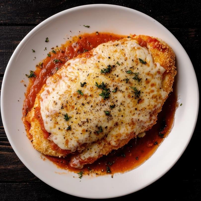 Chicken Parmesan with melted mozzarella cheese, tomato sauce, and herbs on a white plate.